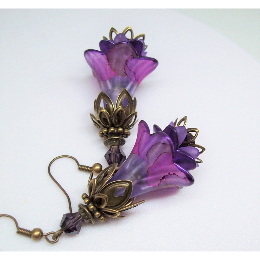 Art Nouveau Earrings Vintage Style, Purple, Antique Bronze, Artisan Crafted Flor